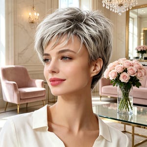 Anpassade etiketter, Silvergrå Pixie Cut-peruk, Naturligt värmebeständigt syntetiskt hår