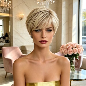 May include: A woman with short, layered blonde hair and a strapless gold dress. She has fair skin, blue eyes, and dark lipstick. A bouquet of pink roses sits in a glass vase on a table. The background includes a chandelier and pink chairs.