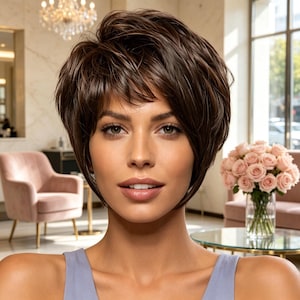 Puede incluir: Una mujer con cabello corto, castaño oscuro, peinado en un corte pixie en capas. El cabello tiene un flequillo lateral y está peinado para crear volumen. Lleva una blusa azul claro. En el fondo, una lámpara de araña y un ramo de rosas rosas.