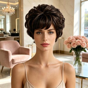 Customized labels,Brown Short Curly Synthetic Pixie Wig with Bangs for Women