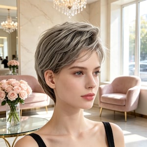 May include: A person with short, layered, ash-blonde hair styled with a side-swept fringe. The hair features natural-looking highlights and lowlights, creating a textured, voluminous appearance that frames the face. The cut is tapered at the sides.
