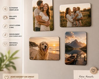 Könnte beinhalten: Vier rechteckige Magnete mit abgerundeten Ecken, die jeweils ein anderes Foto zeigen. Die Bilder zeigen ein sich umarmendes Paar, eine Familie mit Kind, einen Golden Retriever am Strand und eine Bergsee-Szene. Text links.