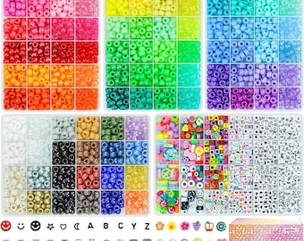 May include: A collection of plastic pony beads organized in clear compartmentalized storage containers. The set includes a wide variety of solid, translucent, and glitter finishes in a full spectrum of colors, alongside alphabet and symbol beads.