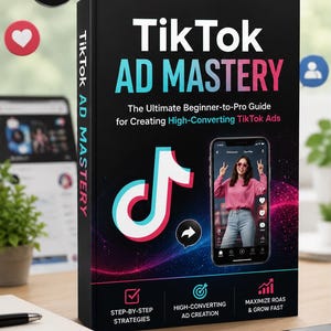May include: A black book titled "TikTok AD MASTERY" with the TikTok logo. The cover features the text "The Ultimate Beginner-to-Pro Guide for Creating High-Converting TikTok Ads." A smartphone displays a woman on TikTok.