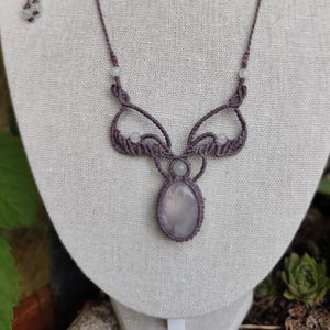 Rose Quartz Macrame Necklace, Elven Jewelry in Waxed Thread, Boho Natural Stone, Adjustable Handmade Necklace, Crystal Healing Gift for Women