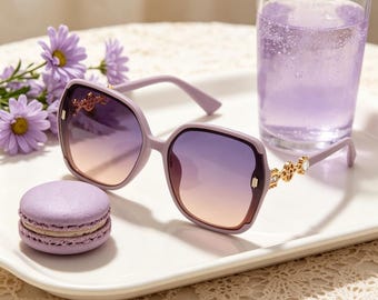 Handgefertigte Lila Retro Sonnenbrille, quadratisch, Lila Verlaufs Strass Shades, Nostalgische Komfort UV-Schutzbrille für den Sommer Alltag