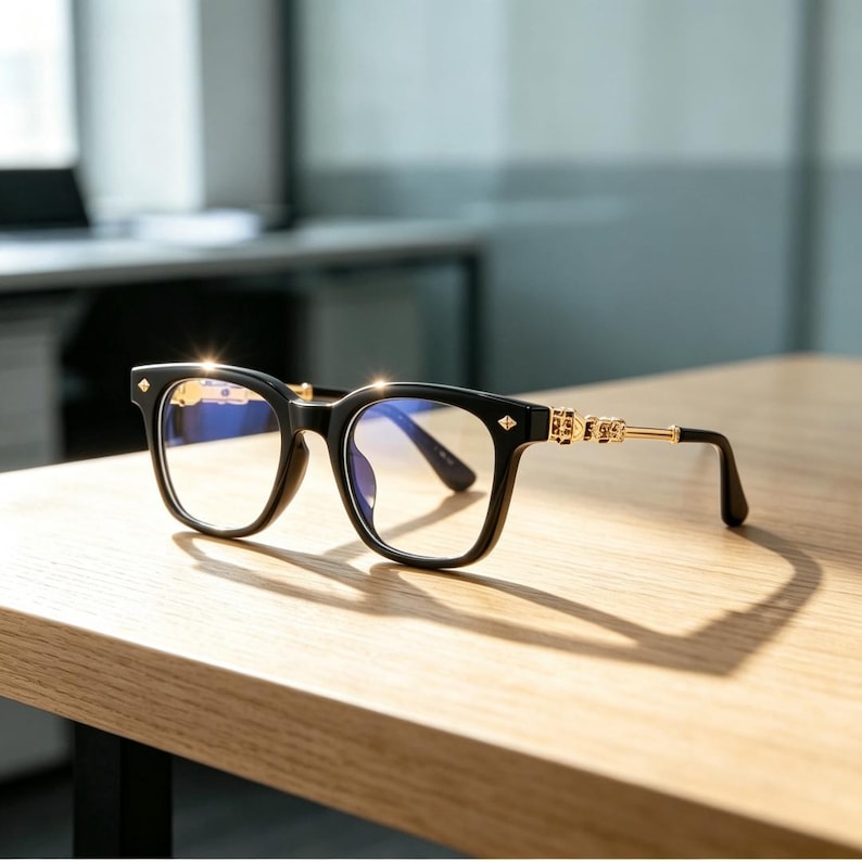 May include: Black-framed eyeglasses with a square shape and gold accents. The glasses have clear lenses and are resting on a wooden surface. The temples feature decorative gold detailing, and the frame has small diamond-shaped accents.