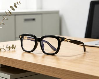 Black Gothic Square Glasses, Handmade Gold Accent Eyewear, Retro Comfort Vintage Eyeglasses, Unique Statement Gothic Accessory