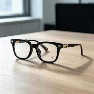 Puede incluir: Gafas negras con montura cuadrada y detalles de cruces doradas en las patillas. Las lentes son transparentes y un pequeño emblema de cruz es visible en la lente inferior derecha. Las gafas descansan sobre una superficie de madera clara.