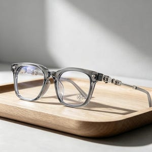 May include: Gray square-framed eyeglasses with decorative silver accents on the temples and a small silver emblem on the lens. The glasses are displayed on a light wooden tray, showcasing their design and details.
