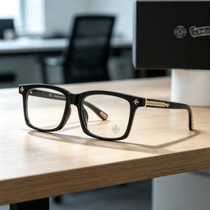 Puede incluir: Gafas rectangulares negras con detalles dorados. Las monturas presentan cruces doradas en las patillas y un emblema decorativo en la parte delantera. Las gafas están sobre una superficie de madera.