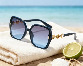 Handmade Navy Retro Square Sunglasses, Gradient Blue Rhinestone Shades, Nostalgic Comfort UV‑Protective Eyewear for Beach Vacation