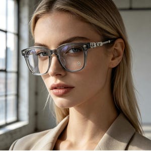 May include: Clear-framed eyeglasses with a square shape. The temples feature decorative silver accents. A small, silver floral design is visible on the right lens. The glasses are worn by a person with blonde hair and a beige blazer.