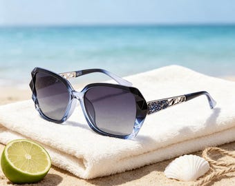 Blue Oversized Sunglasses Women, Gradient Lens Beach Shades, Transparent Frame Vintage Inspired Eyewear, Summer Fashion Glasses