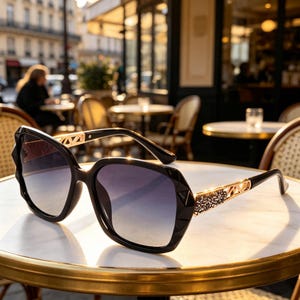 May include: Black oversized sunglasses with a gradient lens, placed on a table. The frames feature a geometric design with gold accents and decorative embellishments on the temples. The sunglasses are set against a blurred outdoor cafe background.
