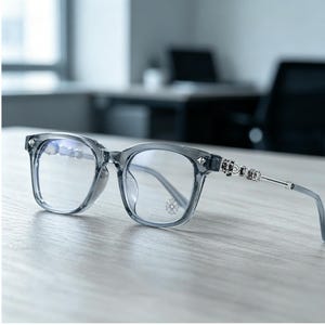 May include: Gray square-framed eyeglasses with clear lenses. The frames have decorative silver accents on the temples and small embellishments at the corners. A small floral design is visible on the lower right lens.