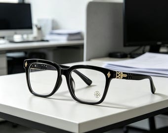 Handcrafted Gothic Black Square Eyeglasses, Vintage Gold Accent Retro Comfort Optical Frame