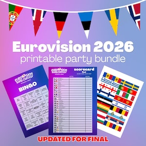 Può includere: Un pacchetto festa stampabile per l'Eurovision 2026, con una scheda bingo, un tabellone segnapunti e adesivi con bandiere. Il design include il testo "Eurovision 2026 printable party bundle" e "UPDATED FOR FINAL". Ghirlande di bandiere colorate in alto.