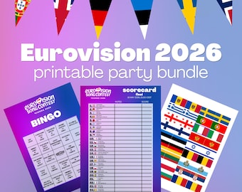 Paquete de fiesta de Eurovisión 2026: Tarjetas de puntuación, guirnaldas, cartones de bingo, banderines de palillos de dientes, abanicos de banderas (descarga en PDF)