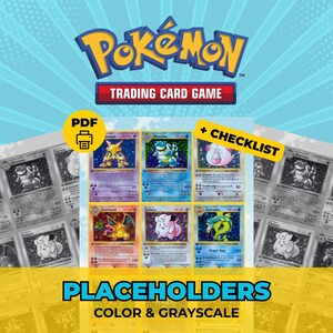 以下が含まれることがあります： 上部にカラフルなロゴが配置された、ポケモンカードゲームのデジタルコレクションシート。中央には6枚のフルカラーのキャラクターカードが並び、その周囲にはグレースケールのカードプレースホルダーが背景として配置されています。