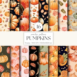 May include: A collection of 16 seamless digital patterns featuring watercolor illustrations of pumpkins and autumn leaves in various colors. The image includes the text 16, seamless patterns, PUMPKINS, 16 jpg, 300 DPI, and 3600x3600 px.