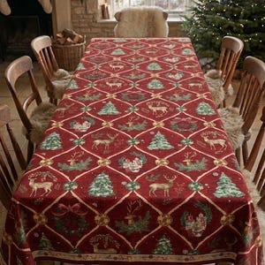 Op de afbeelding: Een rechthoekig tafelkleed in een dieprode kleur met een herhalend ruitpatroon. Elke ruit bevat afwisselende illustraties van groene kerstbomen, rendieren en feestelijke kransen met strikken, omlijnd door gouden lijnen.