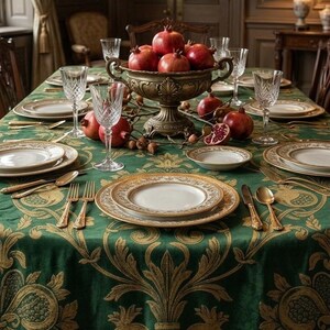 Op de afbeelding: Een eettafel gedekt met een groen tafelkleed met een gouden granaatappelpatroon. De tafel bevat witte borden met gouden randen, kristallen glazen, gouden bestek en een centrale bronzen schaal op voet gevuld met verse rode granaatappels.