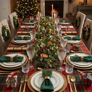 May include: A dining table set for a holiday meal with a red and green plaid tablecloth, white plates with gold rims, dark green napkins in gold rings, crystal glassware, gold flatware, and a centerpiece of pine branches, berries, and candles.