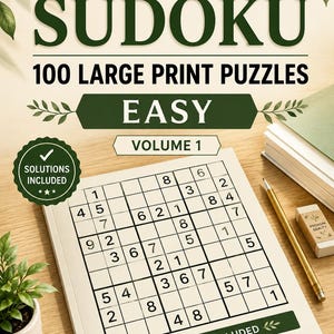 Peut inclure: Un livre de puzzles Sudoku intitulé Ornest Puzzles Studio Sudoku 100 Large Print Puzzles Easy Volume 1. La couverture présente une grille avec des chiffres, un badge vert indiquant Solutions Included, un crayon doré et une gomme posés sur le livre.