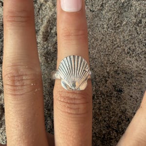 Può includere: Un anello color argento caratterizzato da un prominente design a conchiglia testurizzato sulla parte anteriore. L'elemento a conchiglia presenta creste verticali e una forma a ventaglio, fissato a una fascia in metallo liscia e lucida.