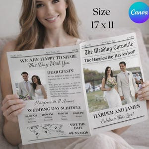 Può includere: Un invito di nozze in stile giornale intitolato The Wedding Chronicle, che misura 17 x 11 pollici. Presenta testo nero su sfondo bianco, incluso un programma della giornata, una mappa del mondo e due fotografie di una coppia.