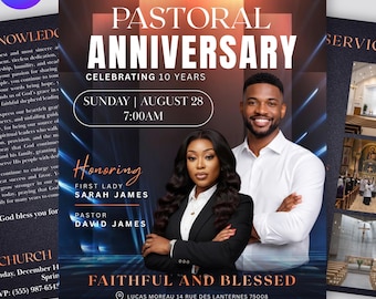 Plantilla para programa de aniversario pastoral, folleto de aniversario de la iglesia, programa de agradecimiento al pastor, plantilla editable para programa en Canva.