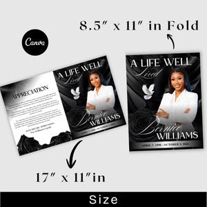black funeral program template instant download
editable obituary template black rose canva
celebration of life program black rose design