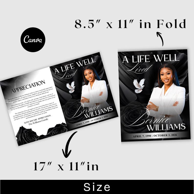 black funeral program template instant download
editable obituary template black rose canva
celebration of life program black rose design