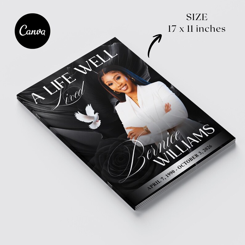 10 page printable funeral program black design
black funeral booklet canva template download
memorial program template folded booklet design
funeral program template women black rose canva