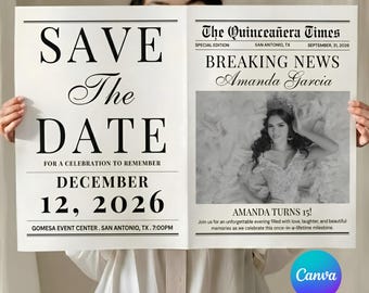 Periódico para anunciar la fecha de la quinceañera / Invitación de periódico para los 15 años / Plantilla de Canva para sesión de fotos de quinceañera