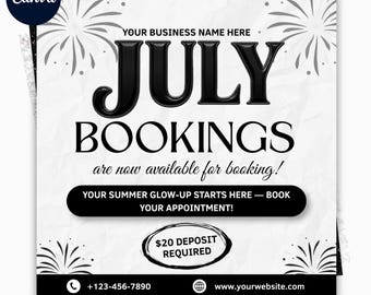 Plantilla de folleto de reservas de julio, folleto de citas de julio, promoción comercial de julio, folleto de reservas de verano, plantilla editable de Canva