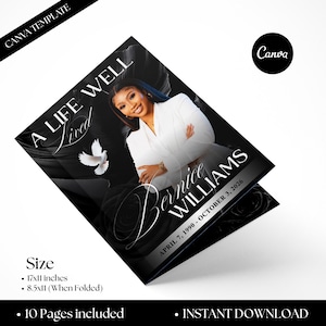 funeral service template 10 page canva editable
in loving memory black rose memorial program
printable obituary template folded booklet size
black memorial program editable canva template