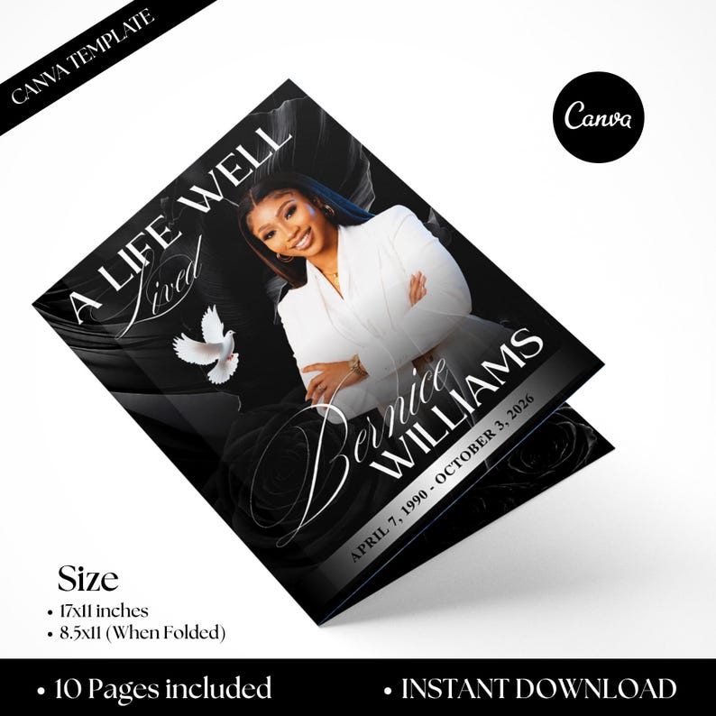 funeral service template 10 page canva editable
in loving memory black rose memorial program
printable obituary template folded booklet size
black memorial program editable canva template