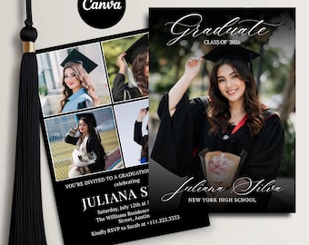 Plantilla de invitación de graduación en color negro, invitación con foto para la promoción de 2026 (descarga digital)