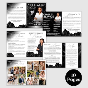 funeral program template canva free editable
10 page memorial program black rose design
printable funeral booklet 17x11 folded 8.5x11
