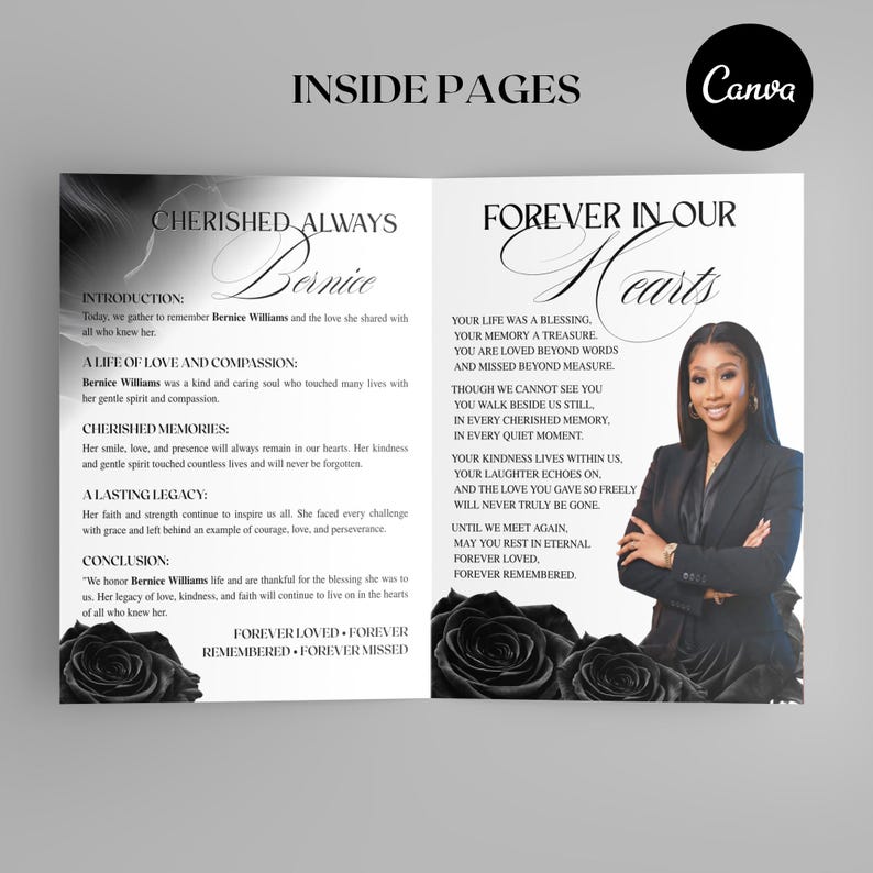 funeral program template editable black canva
black dove memorial program template canva
printable funeral program template black rose
10 page celebration of life black rose program