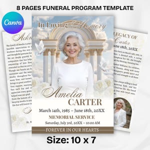 Könnte beinhalten: Trauerprogrammvorlage mit Foto einer Frau, Text "In Loving Memory Amelia Carter" und Gedenkdetails. Das Programm ist 25,4 x 17,8 cm groß und enthält Text über ihr Leben und eine Gedenkfeier.