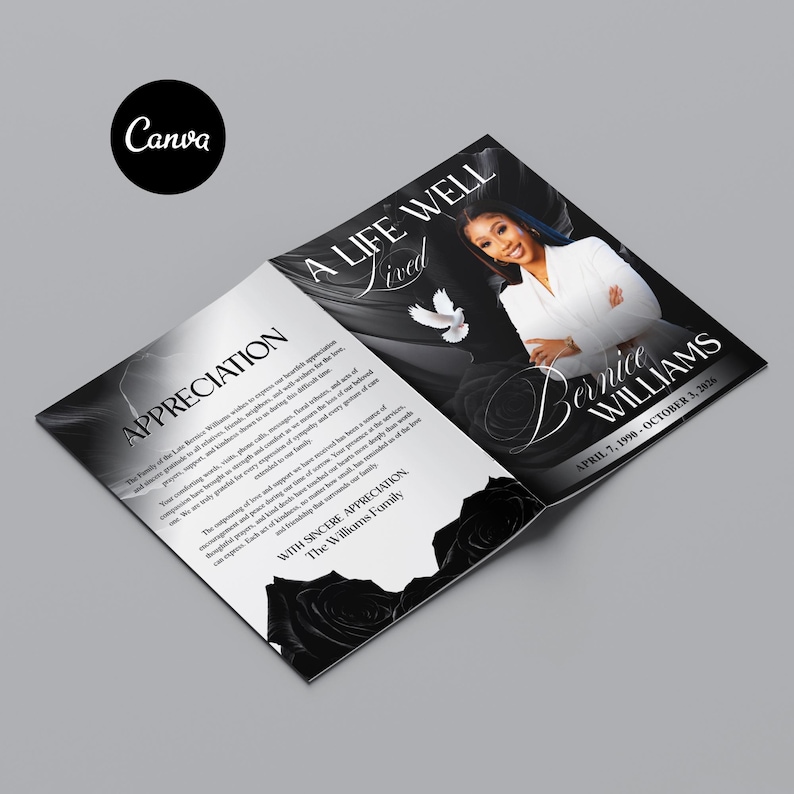 printable memorial booklet black rose template
funeral program template black rose for women
celebration of life booklet black rose canva
10 page obituary template black rose memorial
black rose funeral program folded booklet canva
editable funeral service program black design