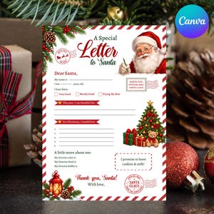 May include: A letter to Santa template featuring a red and white striped border, an illustration of Santa Claus writing, a decorated Christmas tree with gifts, a teddy bear, and a red lantern. The text includes A Special Letter to Santa, Dear Santa, and prompts for personal details.