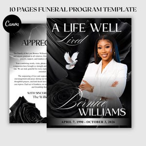 elegant black memorial booklet canva template
funeral obituary template black rose download