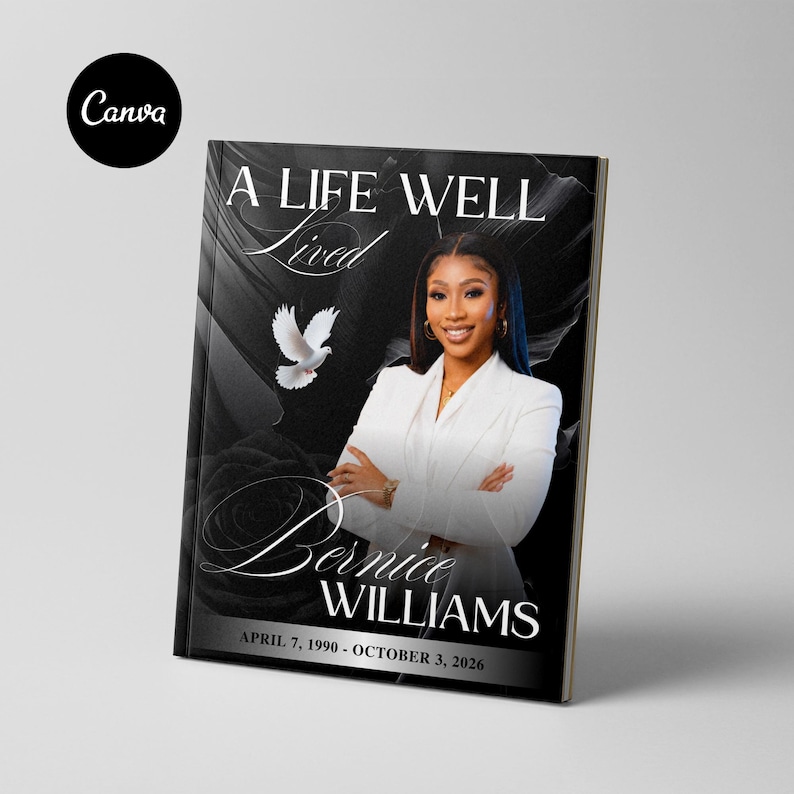 order of service template black rose funeral
elegant funeral program template for women
professional memorial booklet black rose design
canva funeral template instant download 10 page
