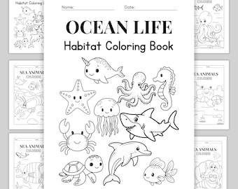 Libro para colorear para niños, páginas para colorear de animales marinos, libro de actividades sobre hábitats submarinos, libro para colorear imprimible sobre la vida marina, 50 páginas en PDF.
