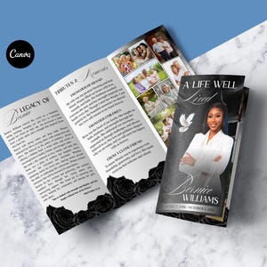 May include: A tri-fold funeral program featuring a black and white portrait of a woman in a white blazer on the cover with the text A Life Well Lived and Bernice Williams. The interior includes multiple photos, Tributes & Memories, and text.