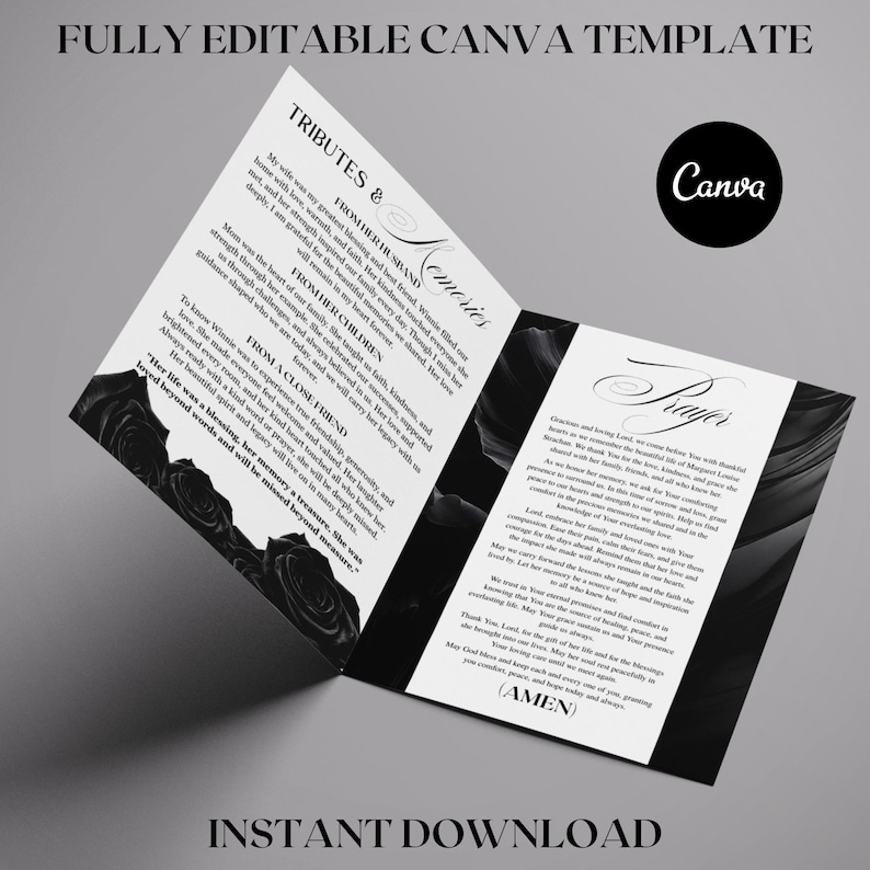black rose dove funeral program template canva
elegant obituary booklet template instant download
memorial service program black rose 10 page
canva editable funeral program black rose design